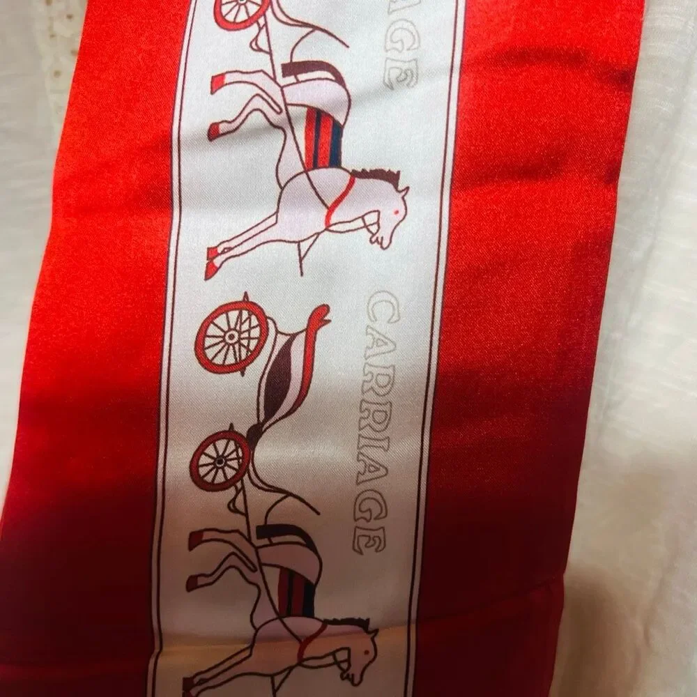 Horse and Carriage Red Cream Buggy Thin Scarf Head Scarf Purse Scarf Satin